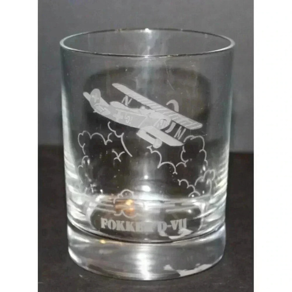 Vintage Glass Etched Fokker D-VII Flying Aircraft Aviation Class Cup Tumbler - Picture 2 of 4